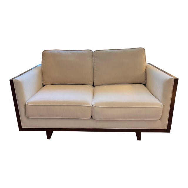 Mid-Century Modern Case Walnut and Chenille Loveseat Sofa For Sale