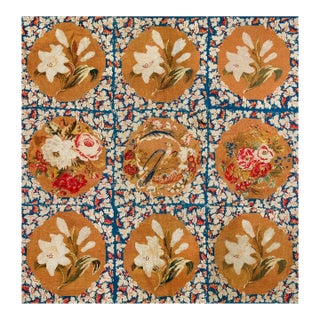 1870s Blue Floral Antique English Victorian Needlepoint Carpet 6' X 6' Flatweave Wool Rug For Sale