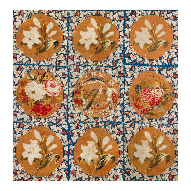 1870s Blue Floral Antique English Victorian Needlepoint Carpet 6' X 6' Flatweave Wool Rug For Sale