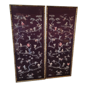 Antique Chinese Embroidery Pair of Panels Large Framed Faux Wood Bamboo Frames
