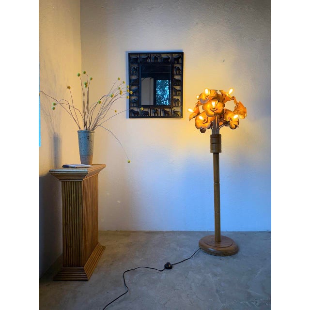 Wood Elm Floor Lamp with Flower Motifs, 1970s For Sale - Image 7 of 18