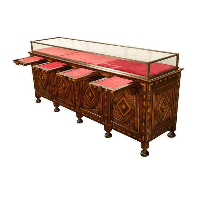 Wood Antique Art Deco Jewelry Store Display Case Counter Walnut Bronze Glass 1920 For Sale - Image 7 of 18