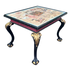 Antique Chippendale Ball & Claw Foot Table W Hand Painted Engraving W Dog
