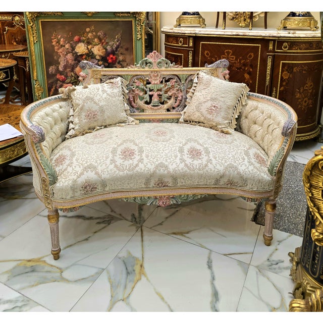 Rococo French Rococo-Style Sofa – Pastel Floral Upholstery With Ornate Gold Leaf & Carved Frame For Sale - Image 3 of 6