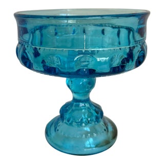 1960s Indiana Glass King's Crown Aqua Blue Thumbprint Pedestal Compote For Sale