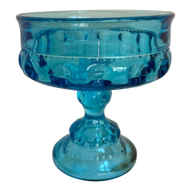 1960s Indiana Glass King's Crown Aqua Blue Thumbprint Pedestal Compote For Sale