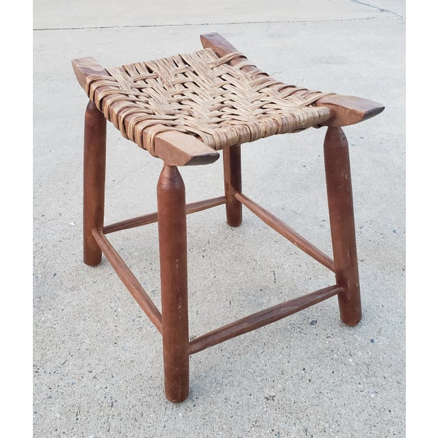 Rustic Mid 20th Century Primitive Maple and Split Vine Seat Stool For Sale - Image 3 of 7