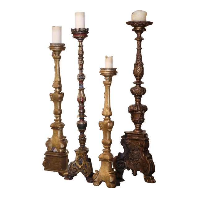 19th Century Italian Carved Polychrome and Painted Candlesticks, Set of Four For Sale