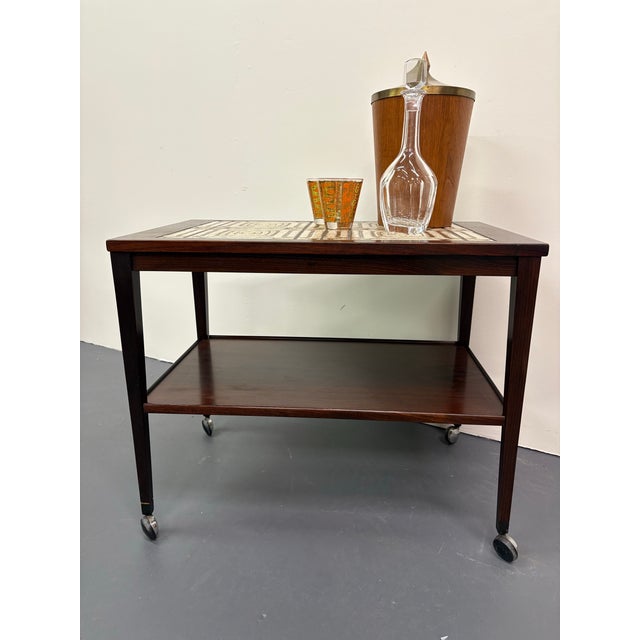 Mid Century Rosewood and Tile Top Bar Cart For Sale - Image 4 of 6