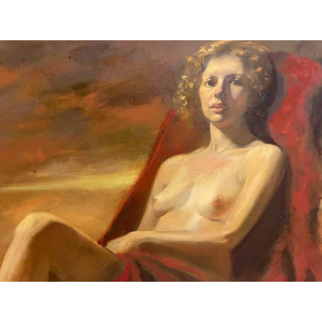 Realism Vintage Oil on Canvas Painting of a Nude Woman on Red Fabric For Sale - Image 3 of 9
