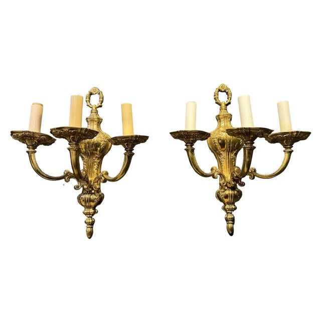 Bronze A Pair of 1940s Gilt Bronze Sconces For Sale - Image 8 of 8