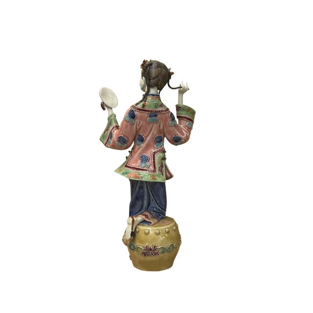 1990s Chinese Porcelain Qing Style Dressing Holding Mirror Lady Figure For Sale - Image 5 of 8