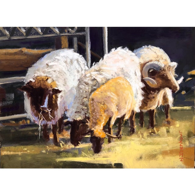 This pastel artwork captures a serene moment with three sheep, their woolly forms illuminated by soft light. The interplay...