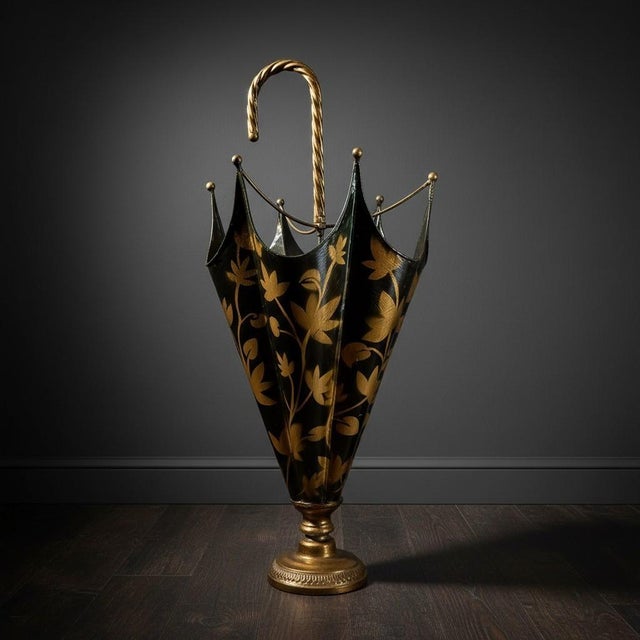 Vintage Italian Toleware Umbrella Stand-Black-Gold-Floral-Metal-Holder-Cane For Sale - Image 9 of 10