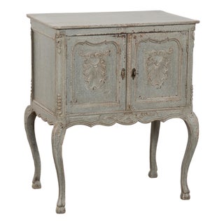 19th Century Swedish Blue Side Table Cabinet Nightstand on Cabriolet Legs For Sale
