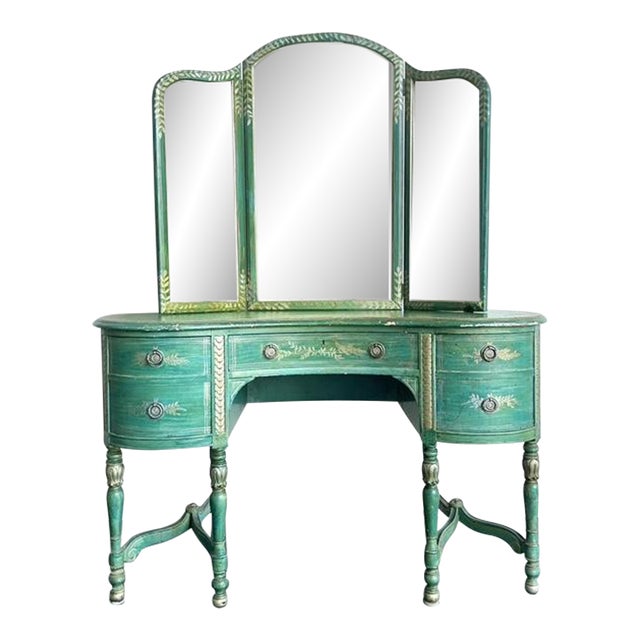 Vintage Distressed Mirrored Vanity and Chair For Sale