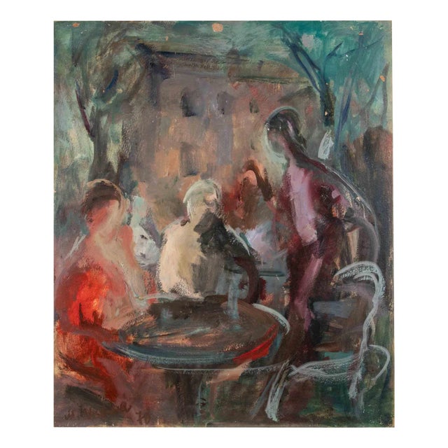 Miloslava Vrbova-Štefková, People at the Café, Oil Painting, Mid-20th Century For Sale