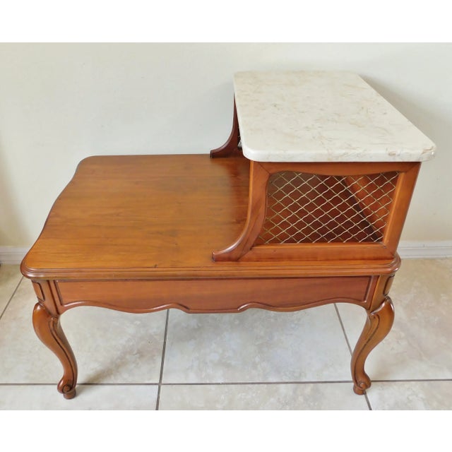 Vintage Mid Century Wood Marble Top 2 Tier Step Side Table