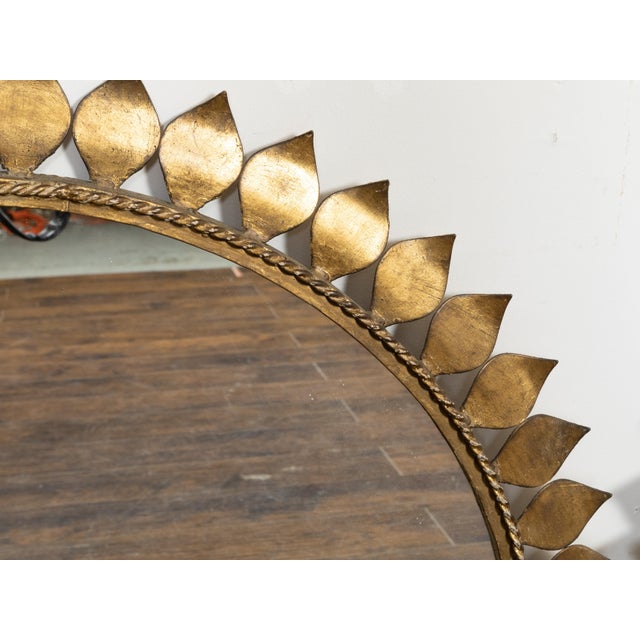 Mid 20th Century Pair of Midcentury Spanish Gilt Metal Round Mirrors with Leaves and Twisted Rope For Sale - Image 5 of 10