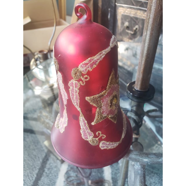 Vintage Mid 20th Century Red Gold Star Glass Bell Christmas Ornament For Sale - Image 4 of 6