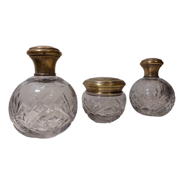 Antique Crystal and Silver Vanity Set, 1920s, Set of 3 For Sale