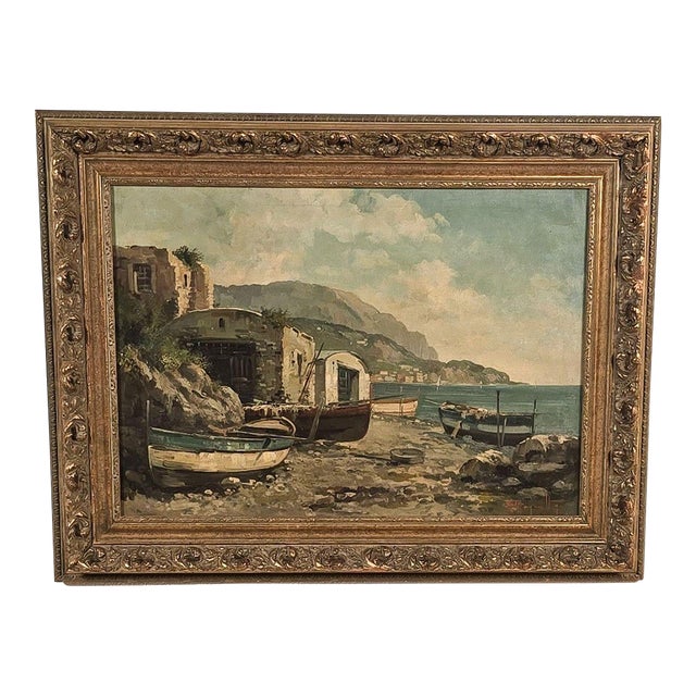 Continental Oil Painting of Fishing Village, Probably Italy Circa 1900 For Sale