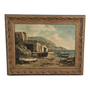 Continental Oil Painting of Fishing Village, Probably Italy Circa 1900