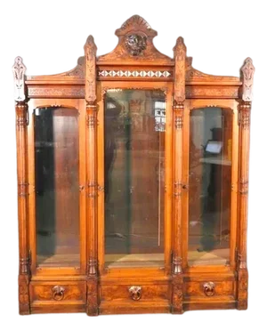 Attributed to Daniel Pabst Walnut Renaissance Revival Bookcase – Figural Victorian Three-Door Display Cabinet C. 1870