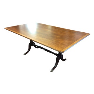 Vintage Banded Mahogany Table, Trestle Style Base Dining Table For Sale