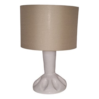 Vintage Handmade Table Lamp with White Ceramic Base and Beige Fabric Shade, 1980s For Sale