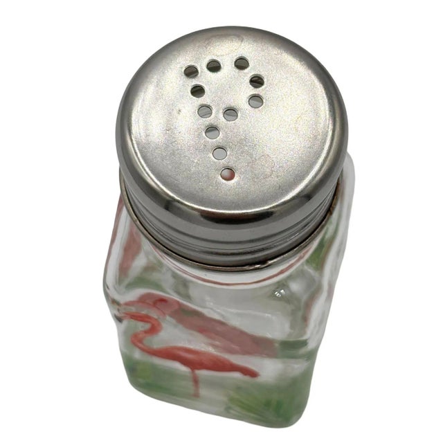 1990s Hand Painted Pink Flamingo Glass Salt & Pepper Shakers by Michel Design Works For Sale In Los Angeles - Image 6 of 8