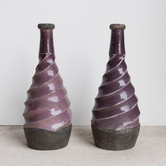 Ceramic Pair of Vintage Twisted Violet Glazed Terracotta Pottery Vases, Mid 20th Century For Sale - Image 7 of 13