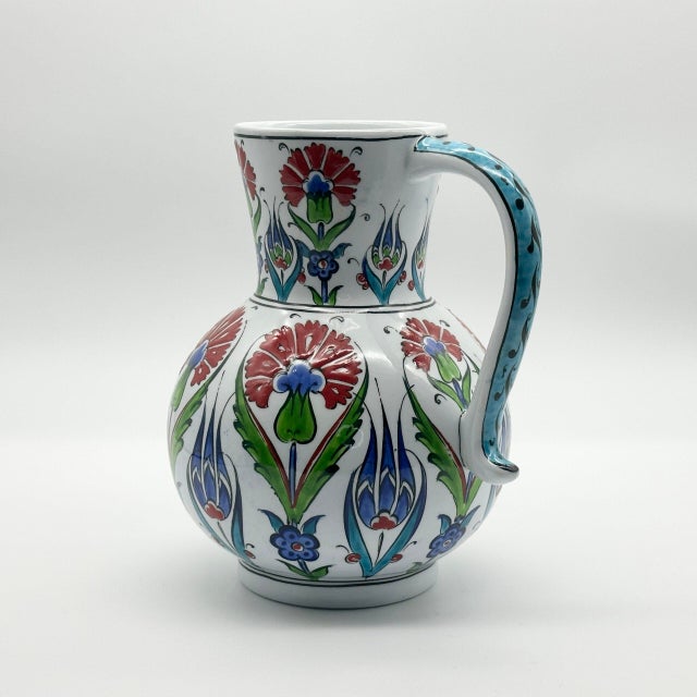 2020s Handmade Ceramic Pitcher Vase (20cm) Traditional Turkish Carnation Pattern with Handle – Decorative Jug Art Decor For Sale - Image 5 of 6