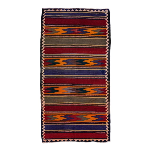 Vintage Kilim Handmade Flatweave Multicolor Striped Wool Runner For Sale