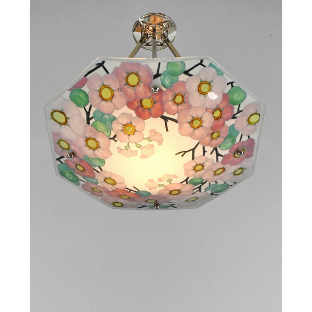 Art Deco Loys Lucha French Art Deco Pendant Light 1930s - Octagonal Pink Floral Enameled Shade For Sale - Image 3 of 16