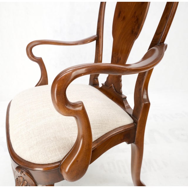 Mid 20th Century Pair of Carved Burl Wood New Oatmeal Linen Upholstery Armchairs Mint! For Sale - Image 5 of 16