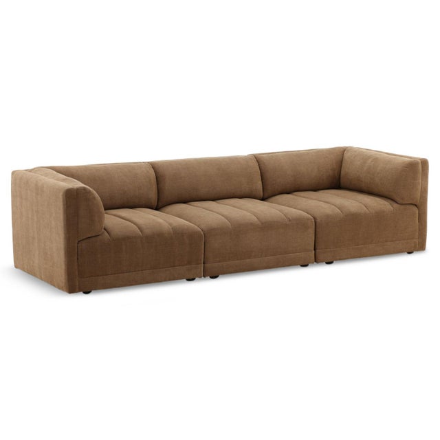 Long basketweave soft upholstered sofa in a cocoa brown finish. Rounded arms and back and channel tufting on seats. Weighs...