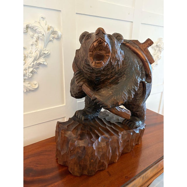 Large Japanese Edwardian Carved Linden Wood Bear Carrying a Fish, 1900s For Sale - Image 6 of 14