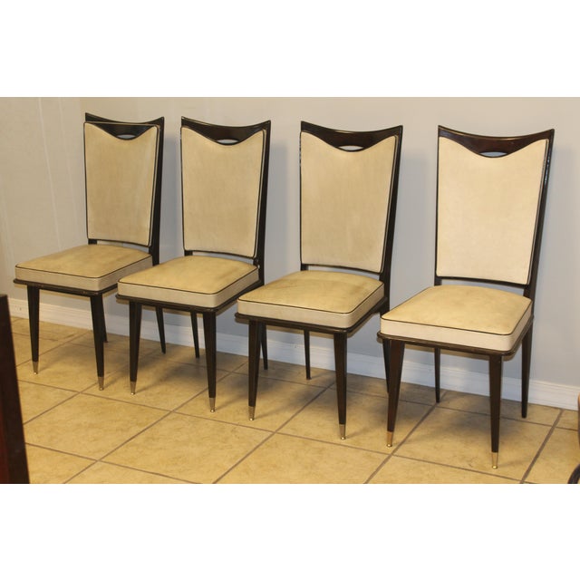 1950's Set of 4 French Art Deco style Dining Chairs. Original textile. We recommend reupholstery on all vintage and...