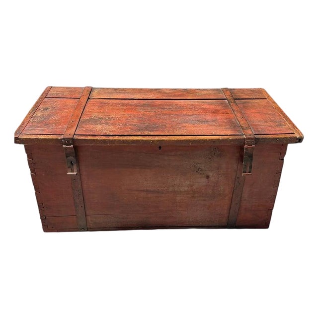 Early 19th Century Original Painted Wood Trunk W/Hand Forged Iron Hardware For Sale