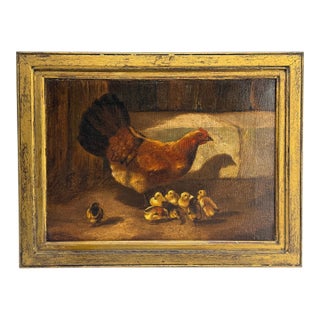 19th C, 'Hen & Newborn Chicks' Oil on Canvas Style of William Baptiste Baird For Sale