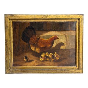19th C, 'Hen & Newborn Chicks' Oil on Canvas Style of William Baptiste Baird