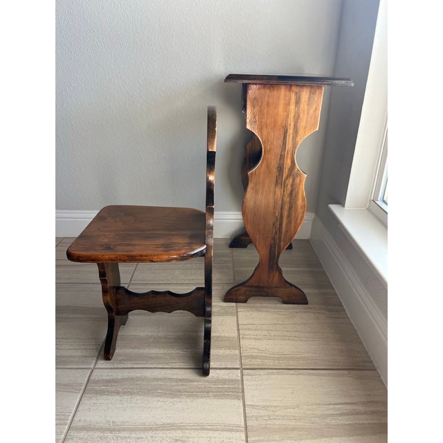 Vintage Rustic Side Table With Matching Stool/Chair Low Profile Chair - Set of 2 For Sale - Image 9 of 10