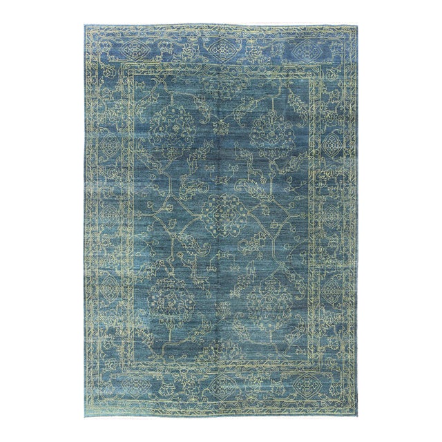 Fine Modern Rug With Transitional Design in Teal Blue and Lime Green For Sale