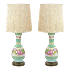 Antique French Hand-Painted Porcelain Table Lamps With Gilt Gold / Brass Base