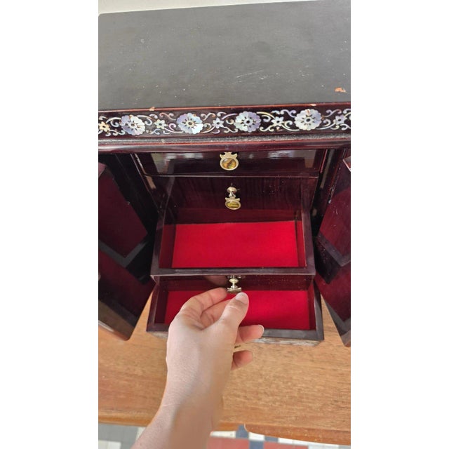 Vintage Chinese Mother of Pearl Jewelry Cabinet Lacquer Wood Inlaid Peacock Bird Miniature Chest Drawers Asian Decor For Sale - Image 9 of 12