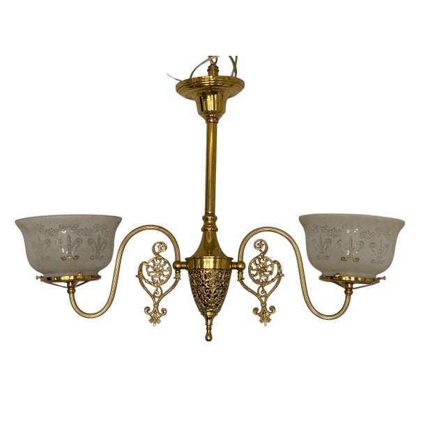 Vintage 2- Light Art Nouveau Converted Gas Chandelier Gothic Fleur De Lis Glass For Sale In Pittsburgh - Image 6 of 7