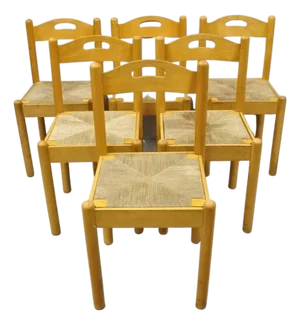 Mid Century Modern Birch Maple Bentwood Woven Rush Dining Chairs - Set of 6