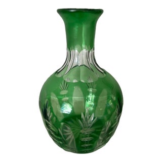 Emerald Green Cut-to-Clear Crystal Bud Vase Carafe For Sale
