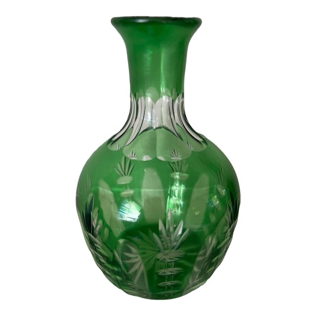 Emerald Green Cut-to-Clear Crystal Bud Vase Carafe For Sale